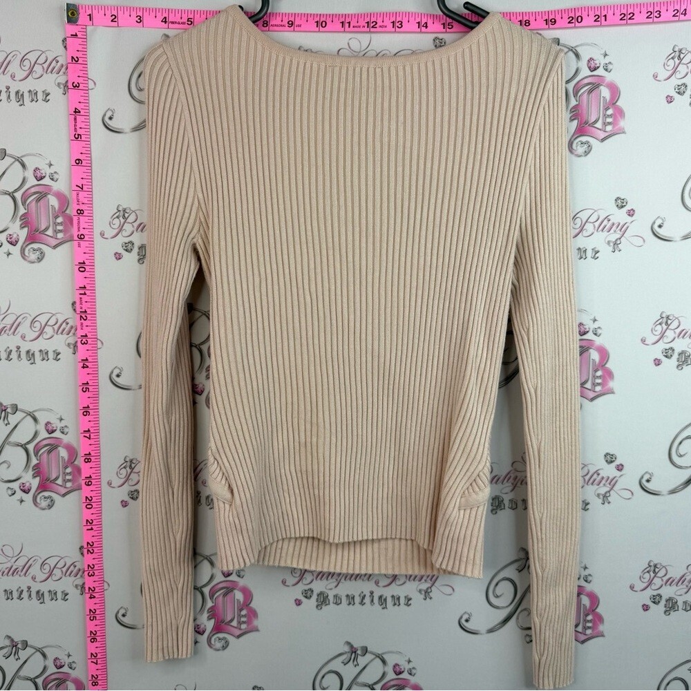 bebe long sleeve Swarovski Beige Ribbed Open cut out front Long Sleeve Top - Picture 2 of 13
